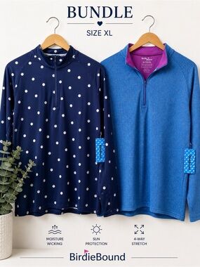 BirdieBound XL NWT Golf Pullover Bundle 2pc BluePink Navy Quarter Zip Athleisure